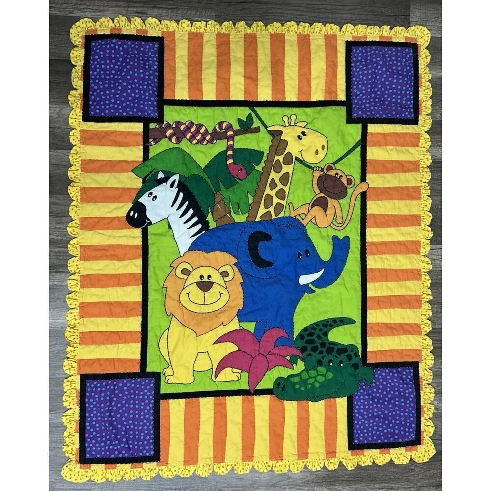 Vintage Handmade Baby Blanket Quilt 33” X 41” Vibrant Colors Jungle Theme